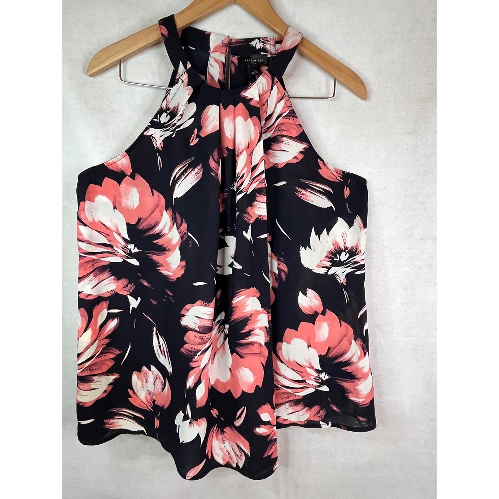 Limited Women's L Floral Faux Wrap Halter Top Navy Pink White Flowers